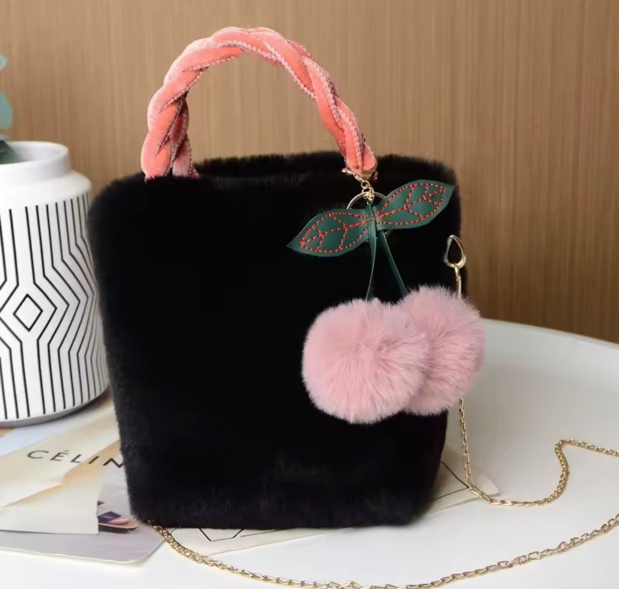 Fur Bag With Cherry Keyring