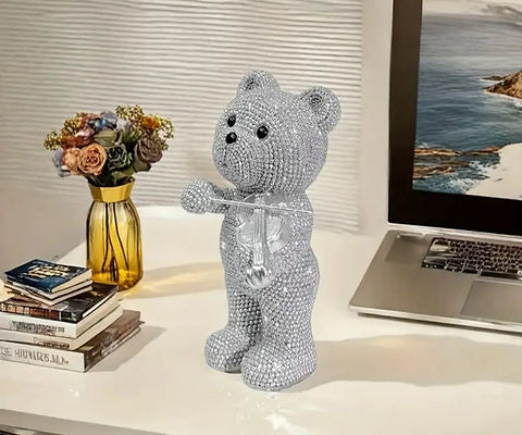Elegant Silvery Glittery Bear Playing Violin Figurine