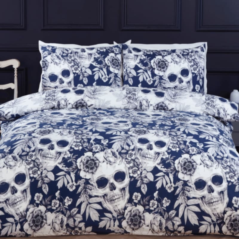 Luxury Easy Care Duvet Set Gothic Skull Navy - Single