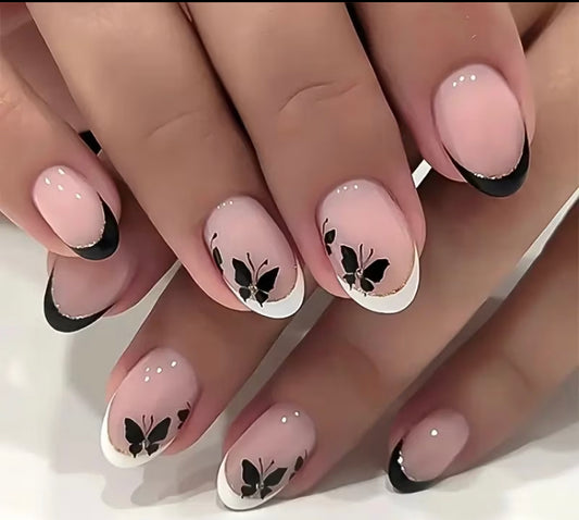 24pc French tip press on nails with black butterflies