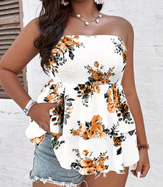 Plus Size, Spring Summer Elegant Vacation Style Floral Print Top