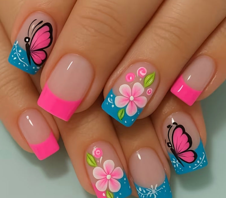 96pc square butterfly and flower press on nails