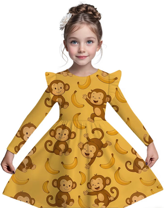 Girls monkey pattern long sleeved dress
