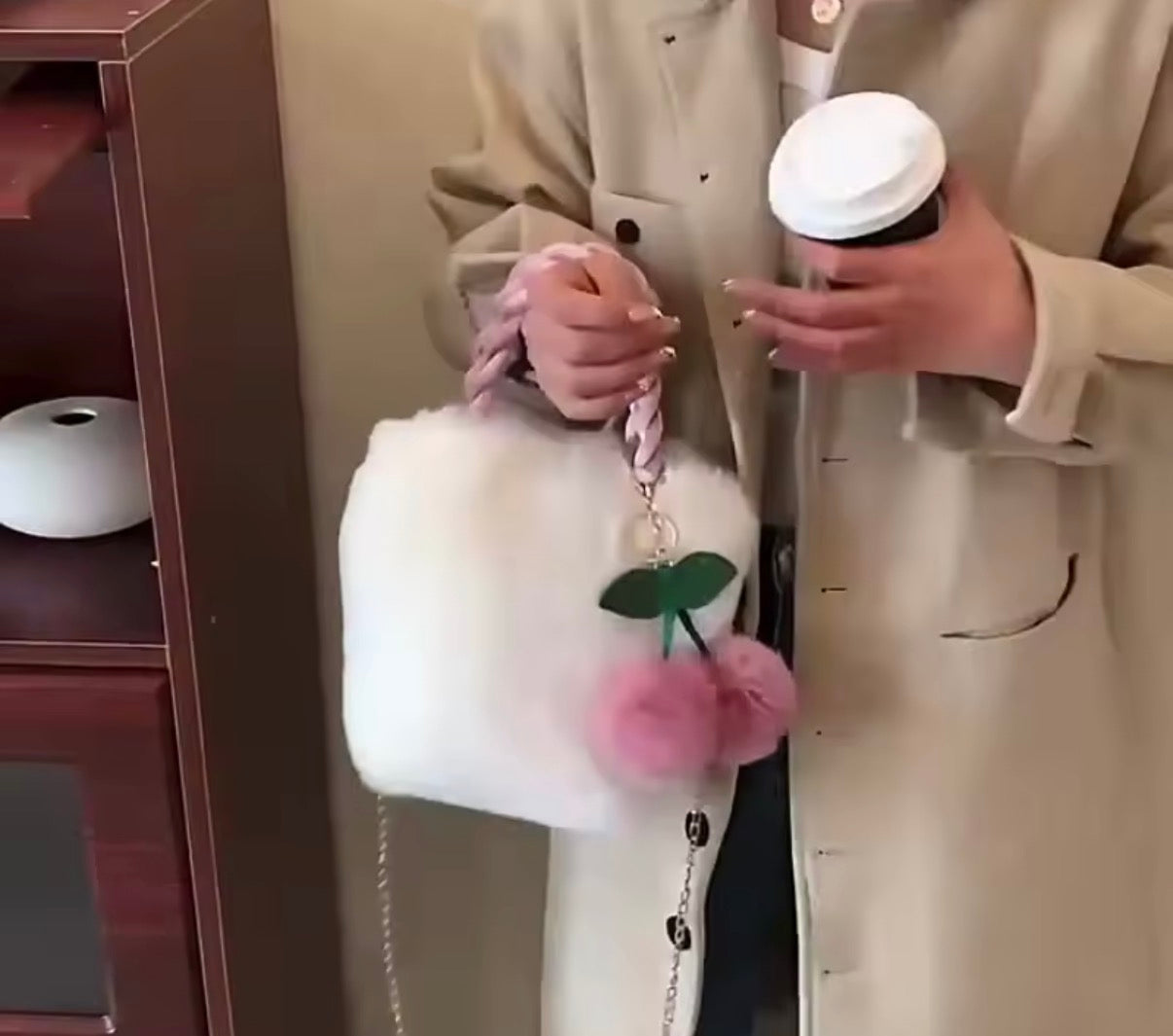 Fur Bag With Cherry Keyring