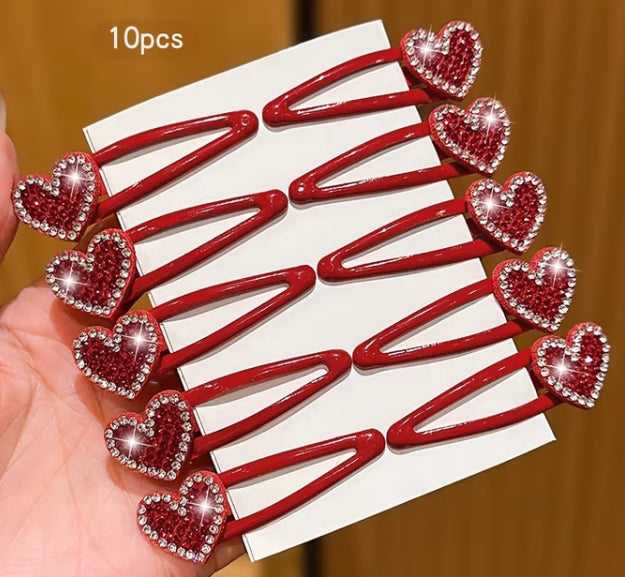 10pc red heart hair clips