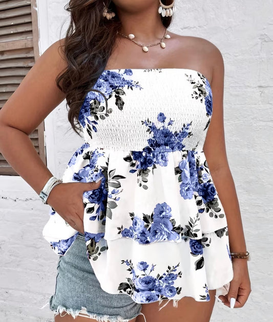 Plus Size, Spring Summer Elegant Vacation Style Floral Print Top