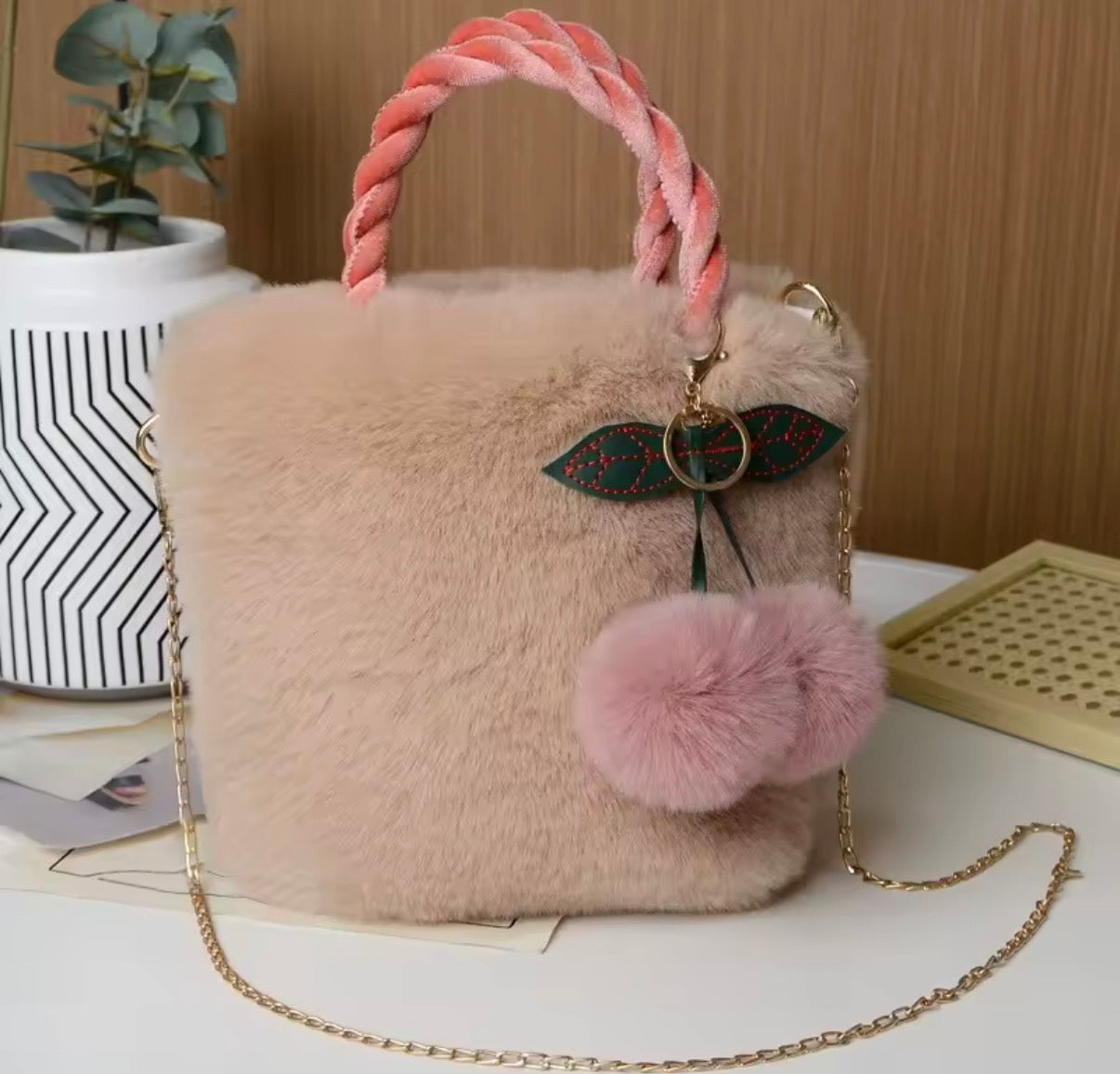 Fur Bag With Cherry Keyring