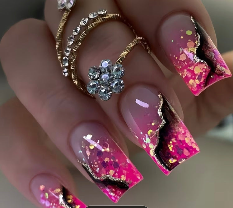 24pc pink with black stripe press on nails