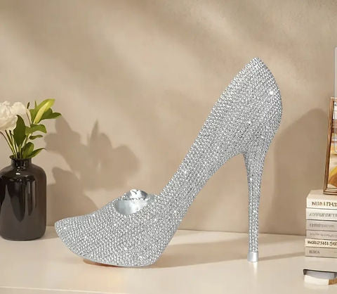 An Elegant Silver High-Heeled Shoe Resin Statue