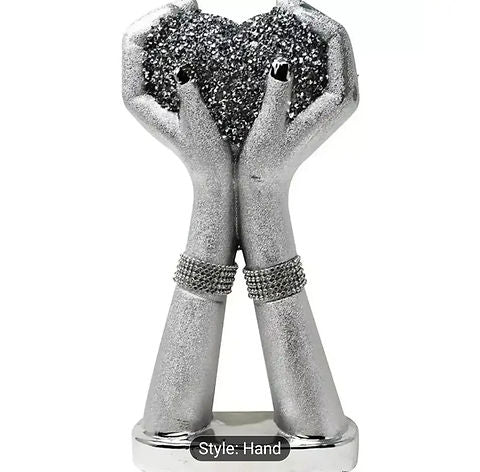 SILVER HAND HEART IN HANDS SPARKLE BLING ORNAMENT CRUSHED DIAMOND