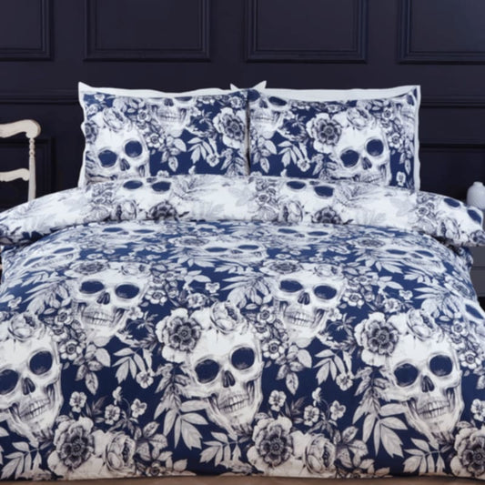 Luxury Easy Care Duvet Set Gothic Skull Navy - Single